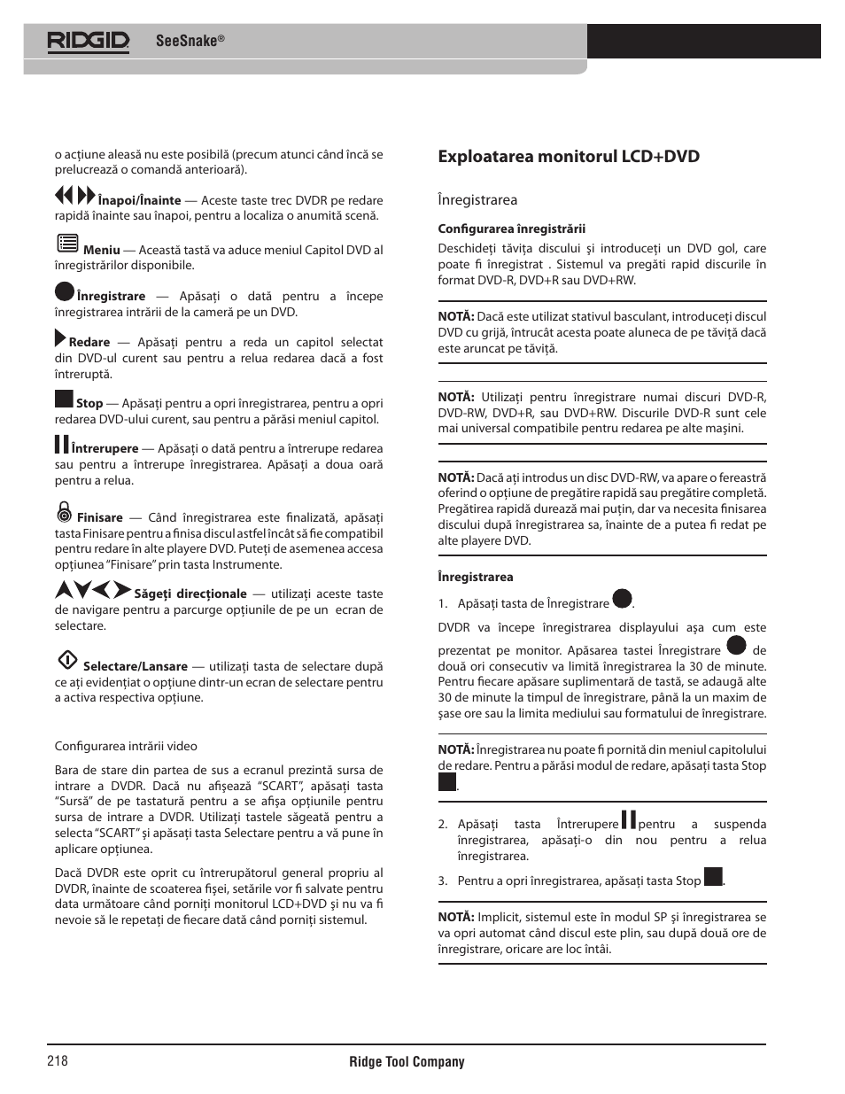 Exploatarea monitorul lcd+dvd | RIDGID SeeSnake User Manual | Page 219 / 302