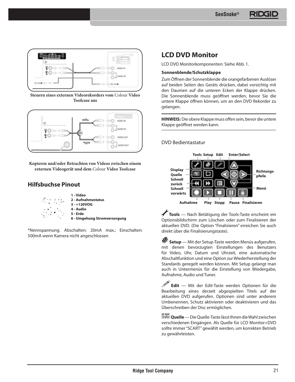 Lcd dvd monitor, Hilfsbuchse pinout, Seesnake | Dvd bedientastatur | RIDGID SeeSnake User Manual | Page 22 / 302