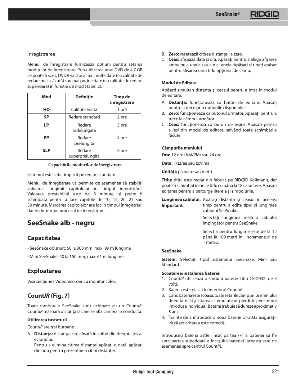 Seesnake alb - negru, Capacitatea, Exploatarea | Count ir (fig. 7) | RIDGID SeeSnake User Manual | Page 222 / 302