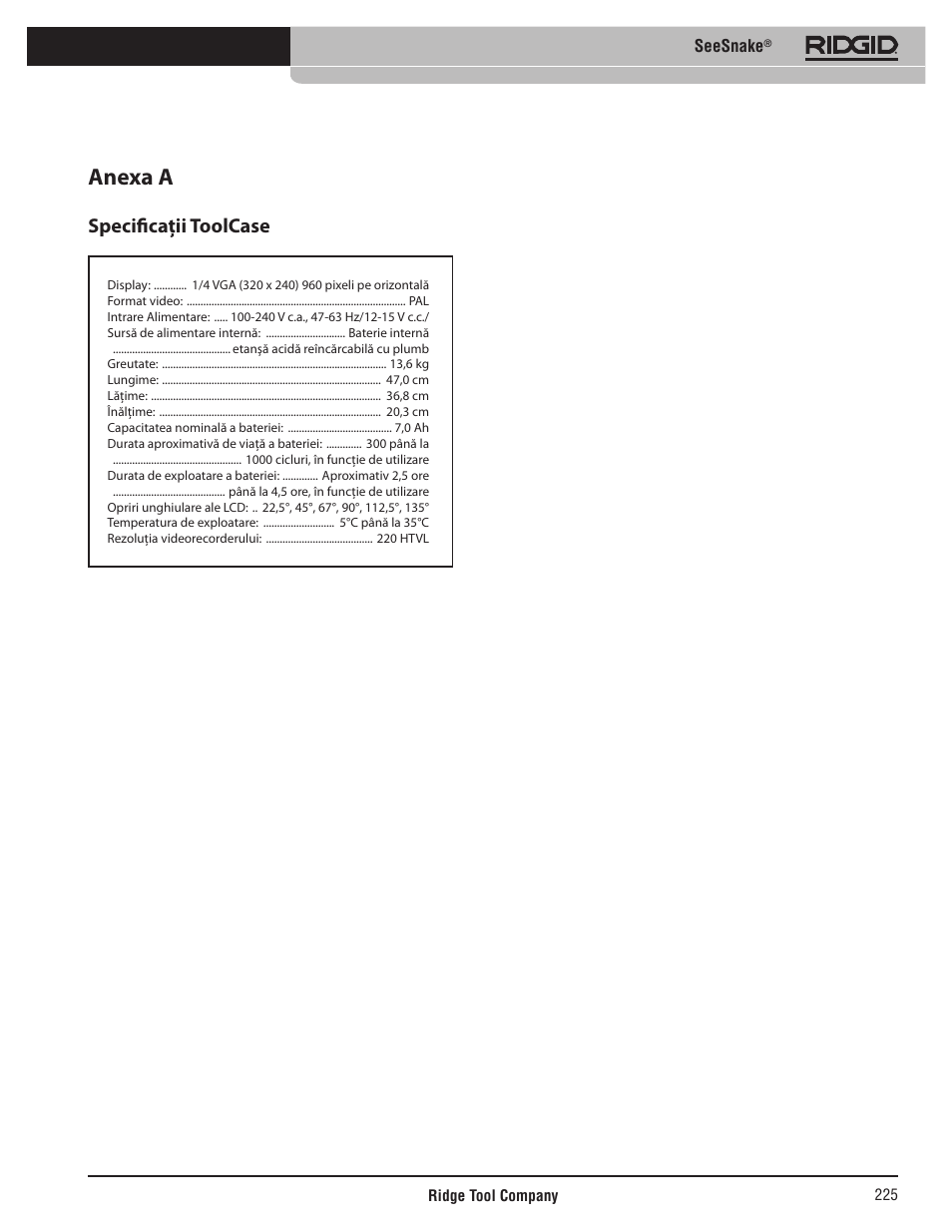 Anexa a, Specificaţii toolcase, Seesnake | RIDGID SeeSnake User Manual | Page 226 / 302