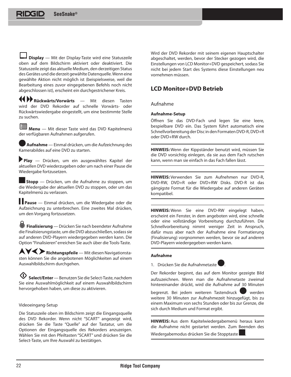 Lcd monitor+dvd betrieb | RIDGID SeeSnake User Manual | Page 23 / 302