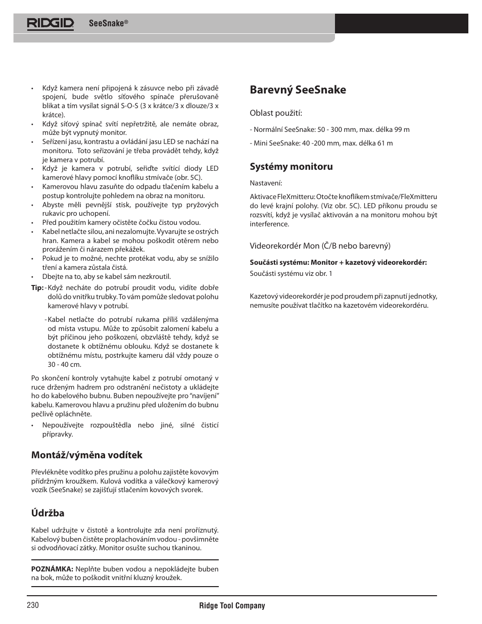 Barevný seesnake, Montáž/výměna vodítek, Údržba | Systémy monitoru | RIDGID SeeSnake User Manual | Page 231 / 302