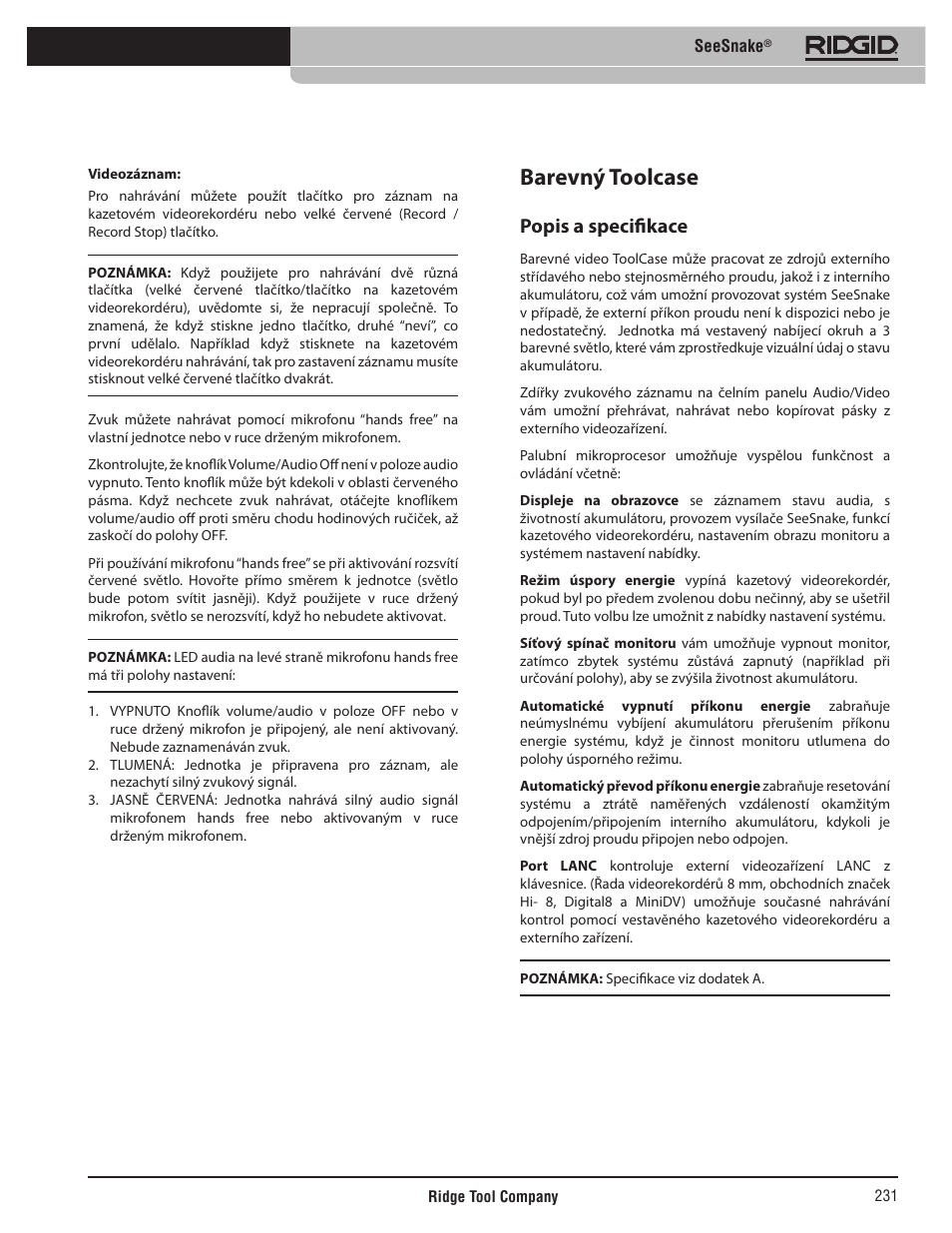 Barevný toolcase, Popis a specifikace | RIDGID SeeSnake User Manual | Page 232 / 302