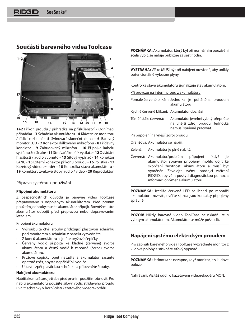 Součásti barevného videa toolcase, Napájení systému elektrickým proudem | RIDGID SeeSnake User Manual | Page 233 / 302
