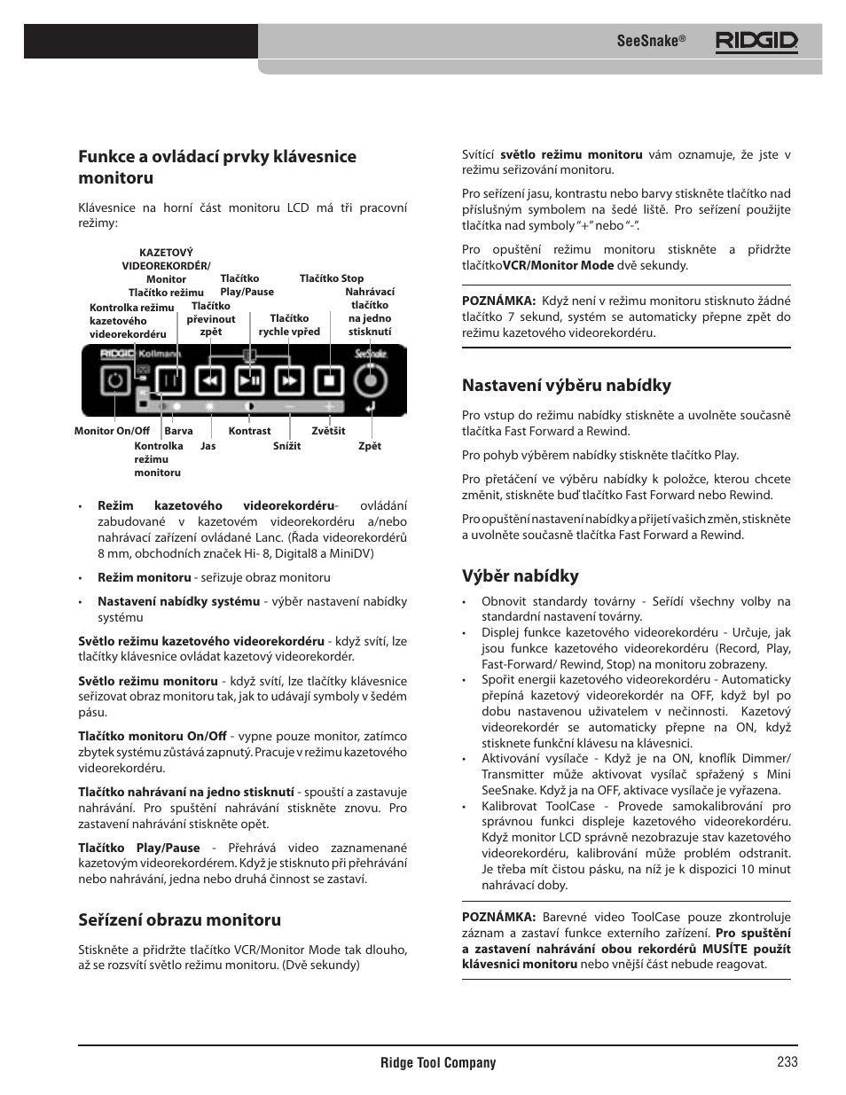 Funkce a ovládací prvky klávesnice monitoru, Seřízení obrazu monitoru, Nastavení výběru nabídky | Výběr nabídky | RIDGID SeeSnake User Manual | Page 234 / 302
