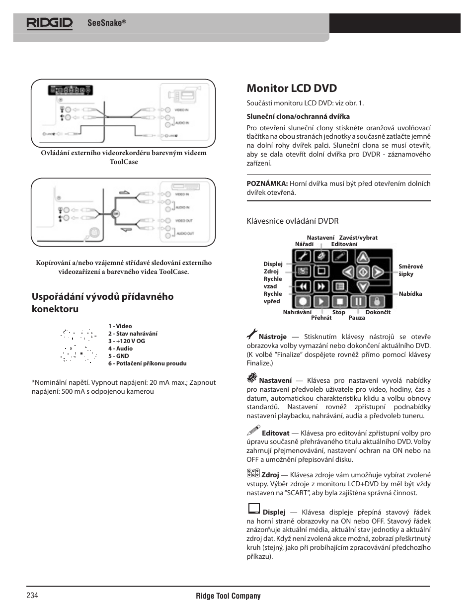 Monitor lcd dvd, Uspořádání vývodů přídavného konektoru, Seesnake | Klávesnice ovládání dvdr | RIDGID SeeSnake User Manual | Page 235 / 302