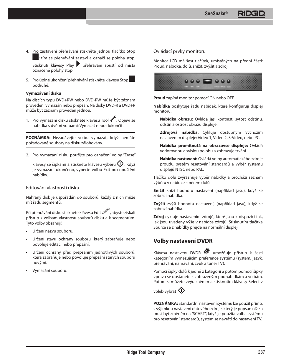 Volby nastavení dvdr | RIDGID SeeSnake User Manual | Page 238 / 302