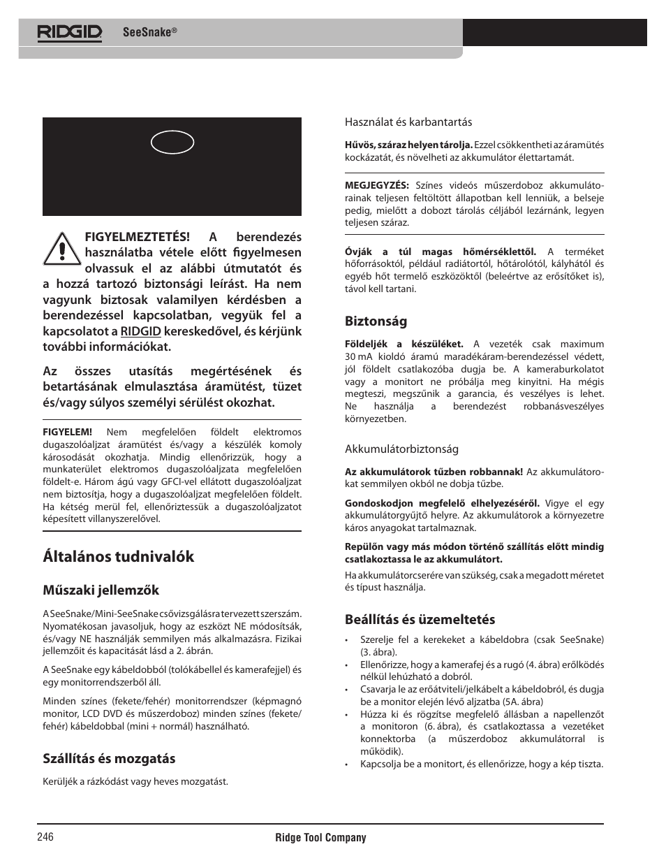 Seesnake, Használati útmutató, Általános tudnivalók | Műszaki jellemzők, Szállítás és mozgatás, Biztonság, Beállítás és üzemeltetés | RIDGID SeeSnake User Manual | Page 247 / 302