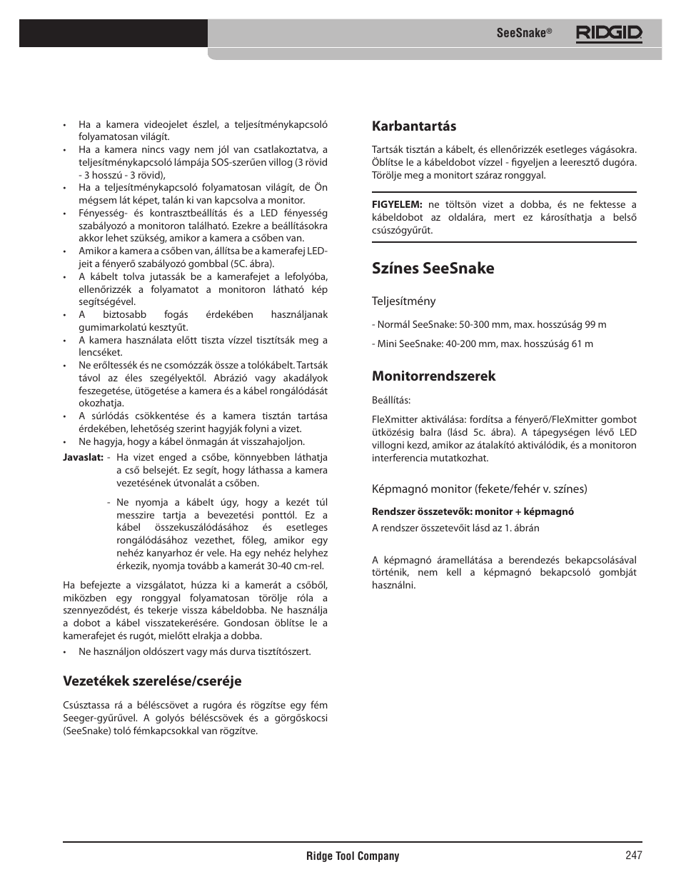 Színes seesnake, Vezetékek szerelése/cseréje, Karbantartás | Monitorrendszerek | RIDGID SeeSnake User Manual | Page 248 / 302