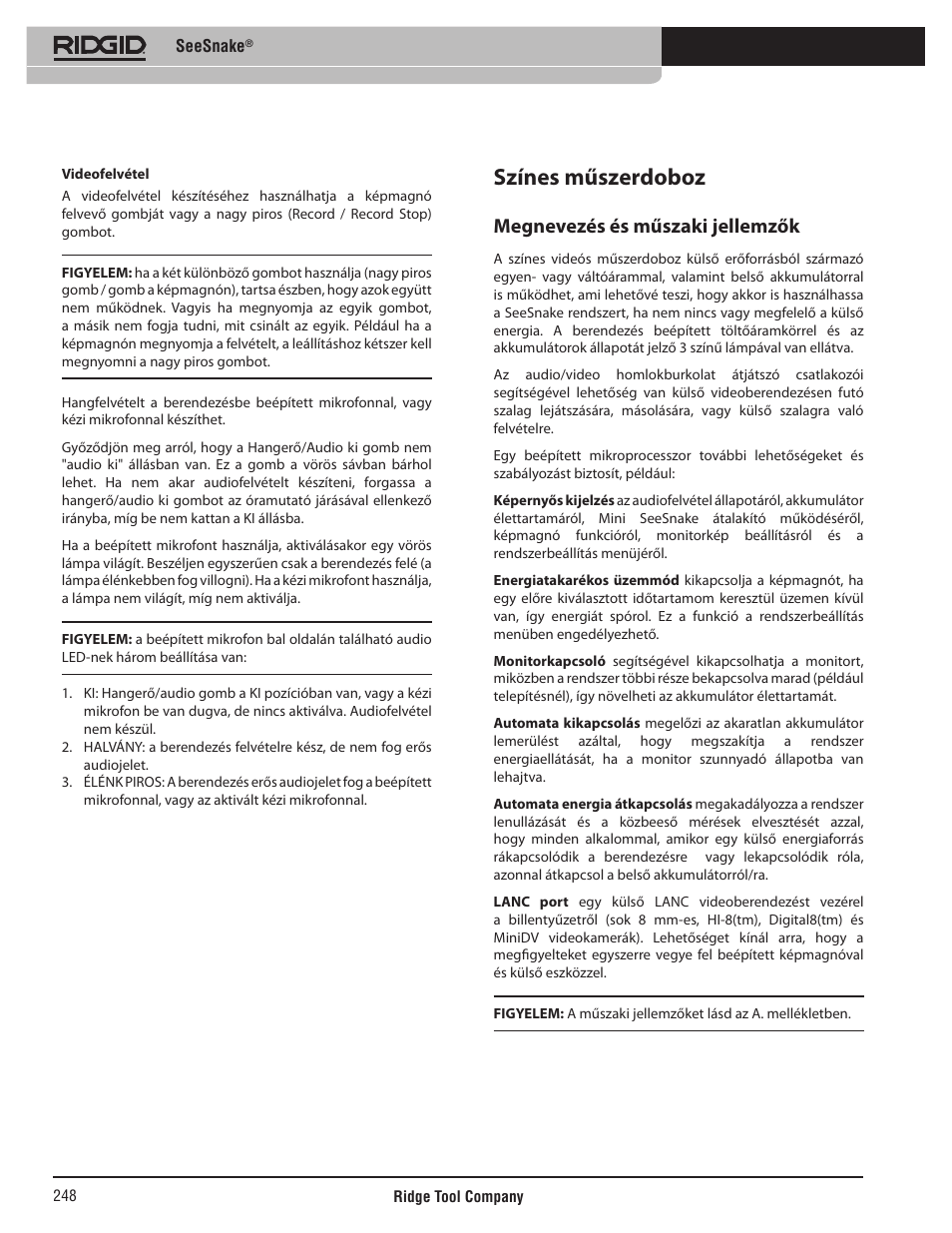 Színes műszerdoboz, Megnevezés és műszaki jellemzők | RIDGID SeeSnake User Manual | Page 249 / 302
