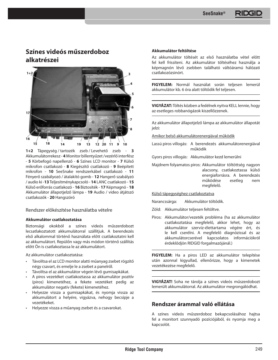 Színes videós műszerdoboz alkatrészei, Rendszer árammal való ellátása | RIDGID SeeSnake User Manual | Page 250 / 302