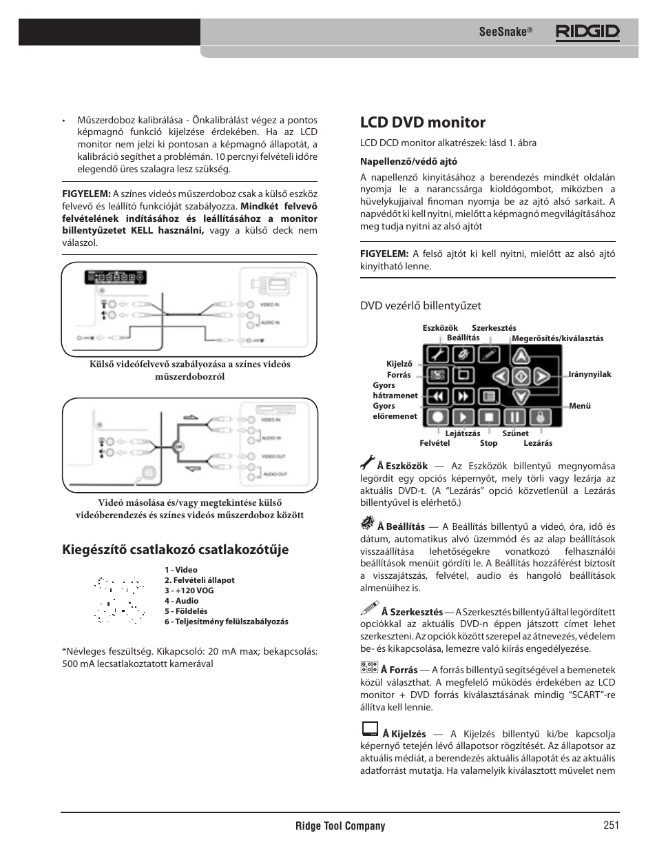 Lcd dvd monitor, Kiegészítő csatlakozó csatlakozótűje, Seesnake | Dvd vezérlő billentyűzet | RIDGID SeeSnake User Manual | Page 252 / 302