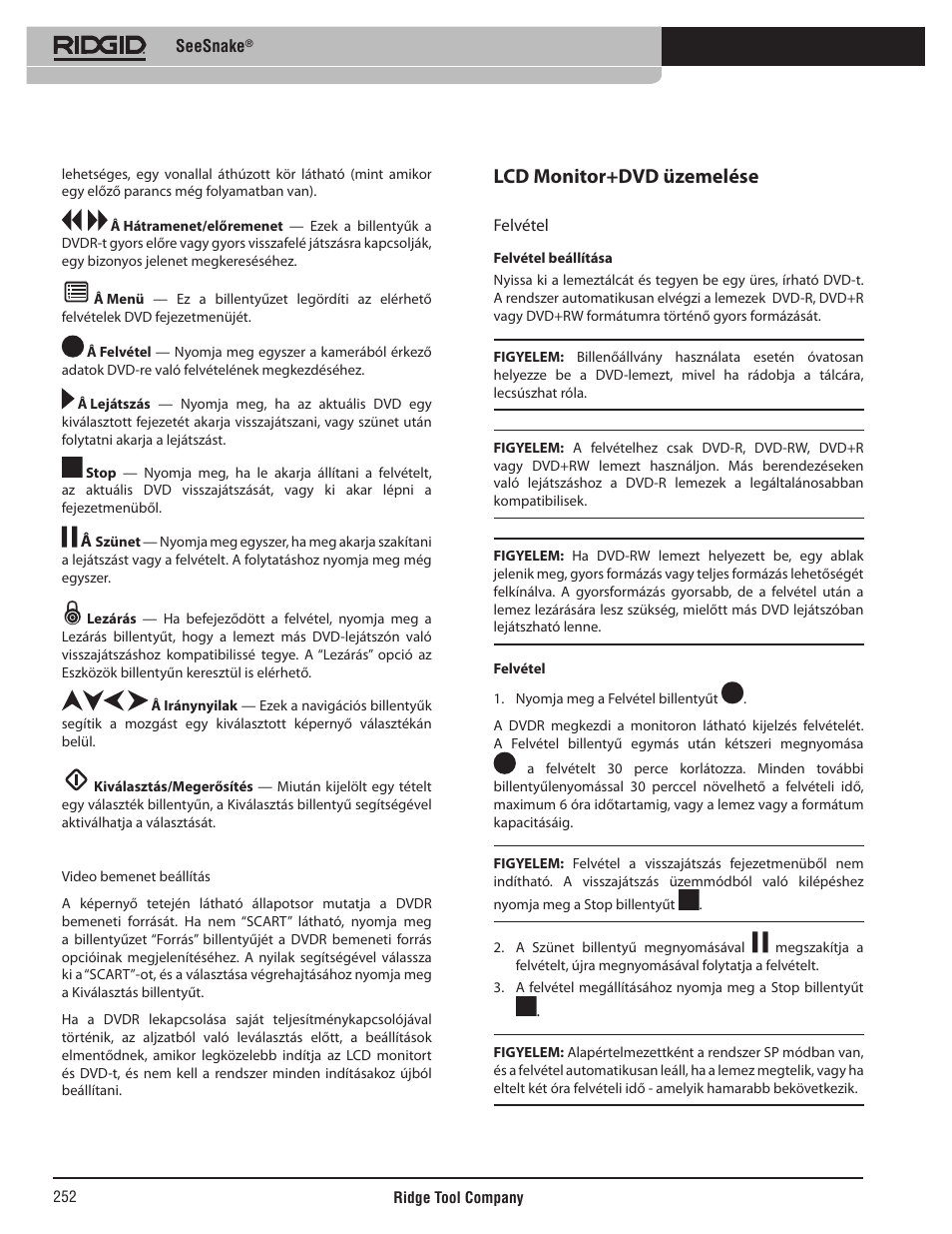 Lcd monitor+dvd üzemelése | RIDGID SeeSnake User Manual | Page 253 / 302