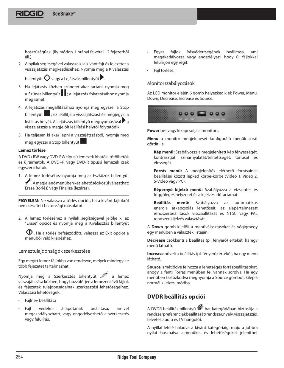 Dvdr beállítás opciói | RIDGID SeeSnake User Manual | Page 255 / 302