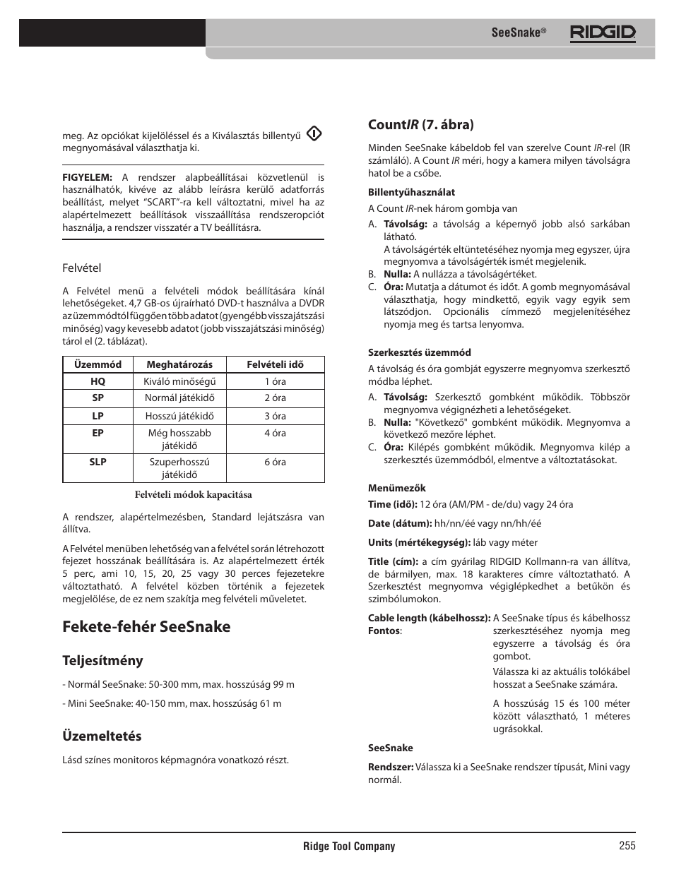 Fekete-fehér seesnake, Teljesítmény, Üzemeltetés | Count ir (7. ábra) | RIDGID SeeSnake User Manual | Page 256 / 302