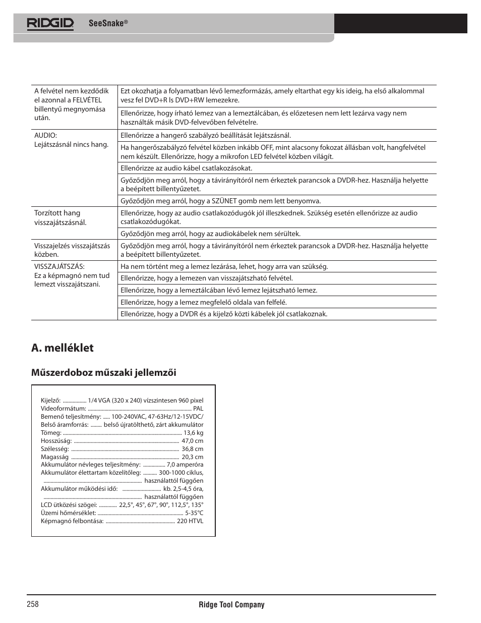 A. melléklet, Műszerdoboz műszaki jellemzői | RIDGID SeeSnake User Manual | Page 259 / 302