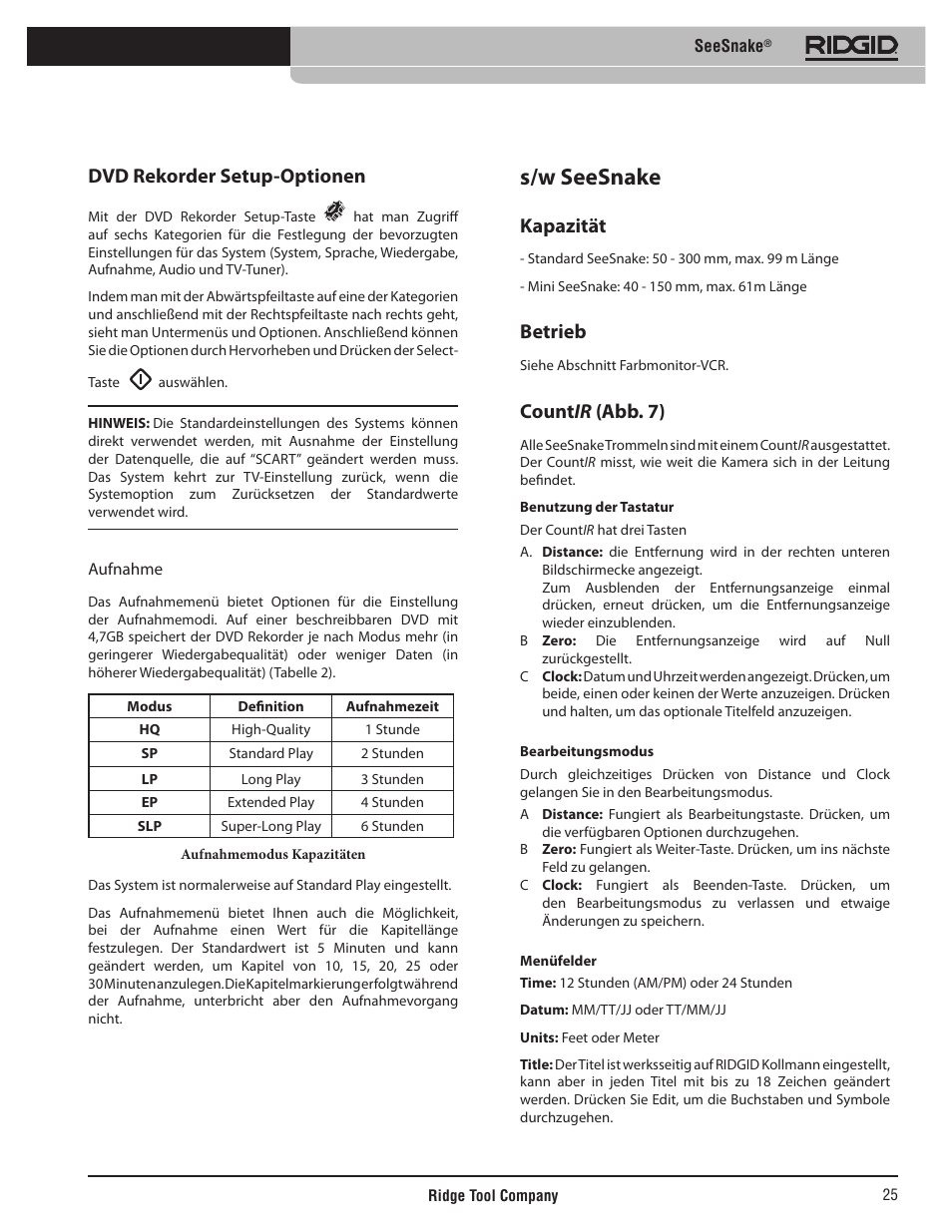 S/w seesnake, Dvd rekorder setup-optionen, Kapazität | Betrieb, Count ir (abb. 7) | RIDGID SeeSnake User Manual | Page 26 / 302