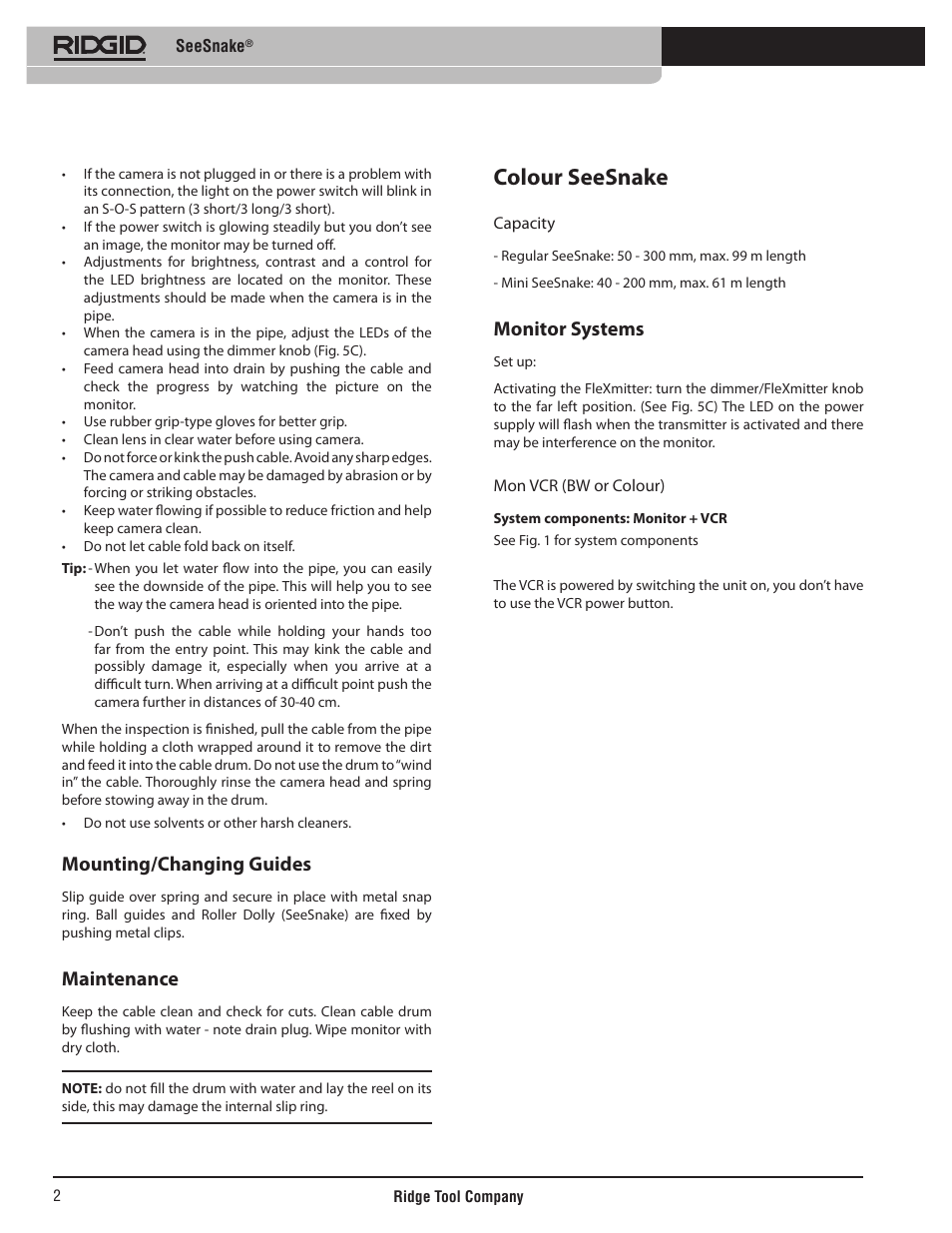 Colour seesnake, Mounting/changing guides, Maintenance | Monitor systems | RIDGID SeeSnake User Manual | Page 3 / 302