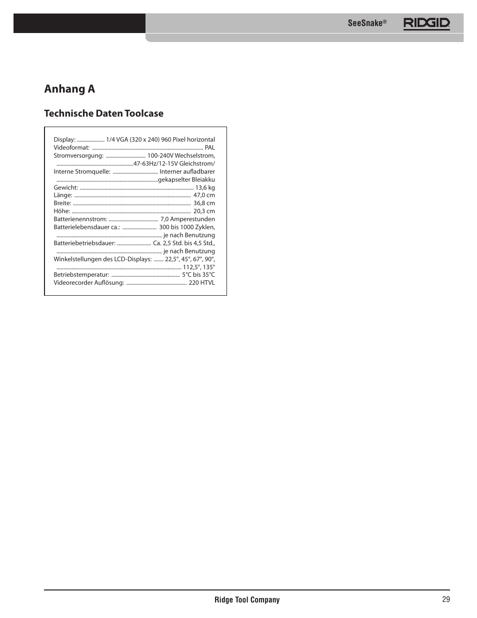 Anhang a, Technische daten toolcase, Seesnake | RIDGID SeeSnake User Manual | Page 30 / 302