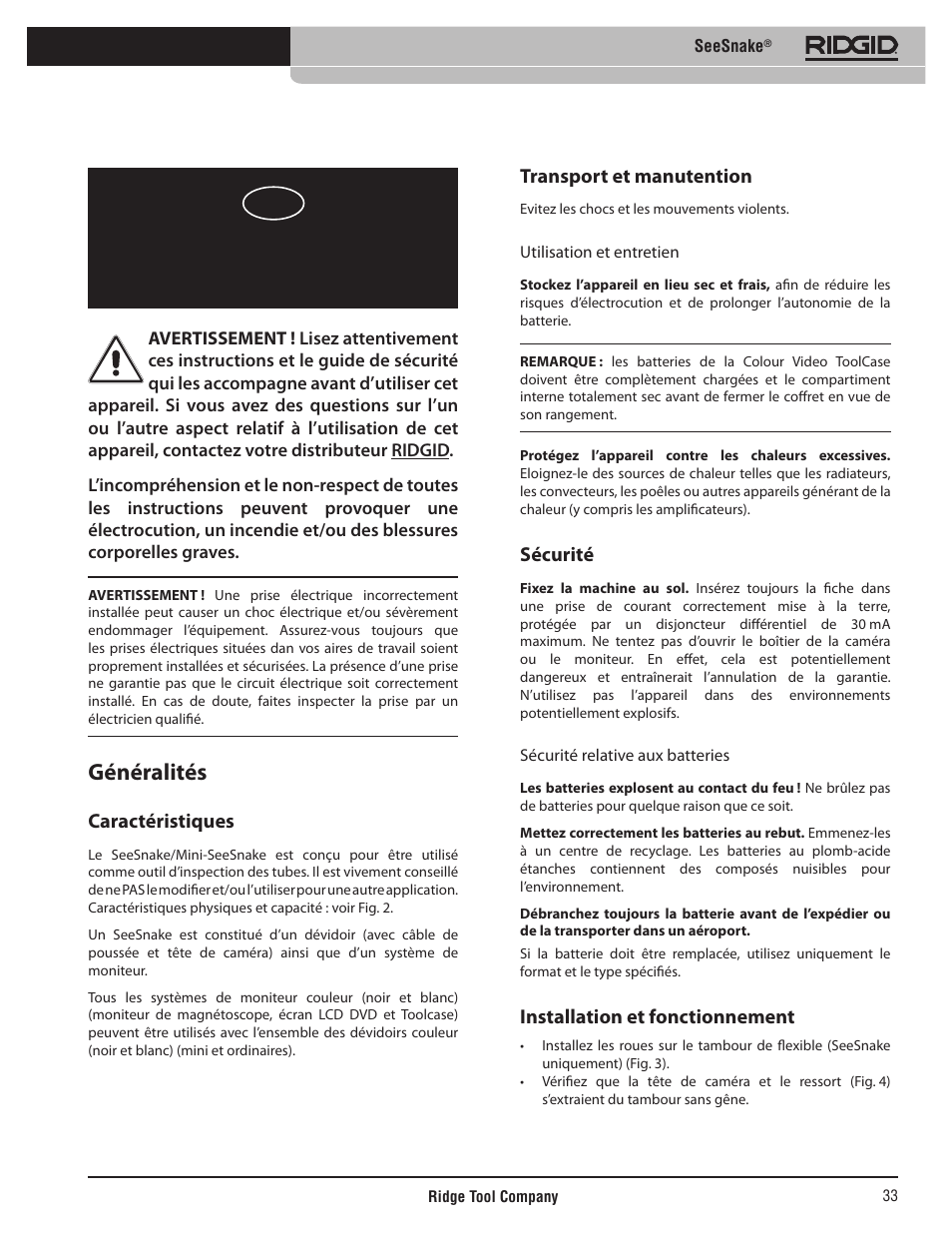 Seesnake, Instructions d’utilisation, Généralités | Caractéristiques, Transport et manutention, Sécurité, Installation et fonctionnement | RIDGID SeeSnake User Manual | Page 34 / 302