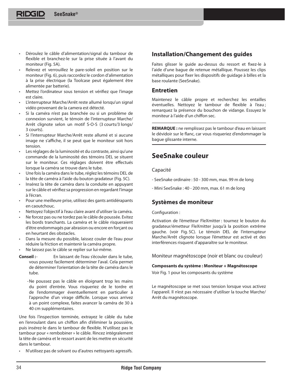 Seesnake couleur, Installation/changement des guides, Entretien | Systèmes de moniteur | RIDGID SeeSnake User Manual | Page 35 / 302