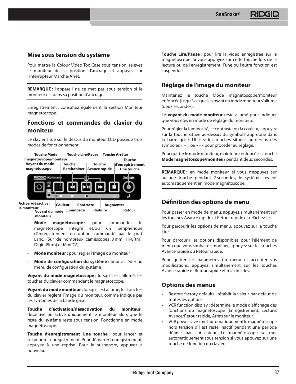 Mise sous tension du système, Fonctions et commandes du clavier du moniteur, Réglage de l’image du moniteur | Définition des options de menu, Options des menus | RIDGID SeeSnake User Manual | Page 38 / 302