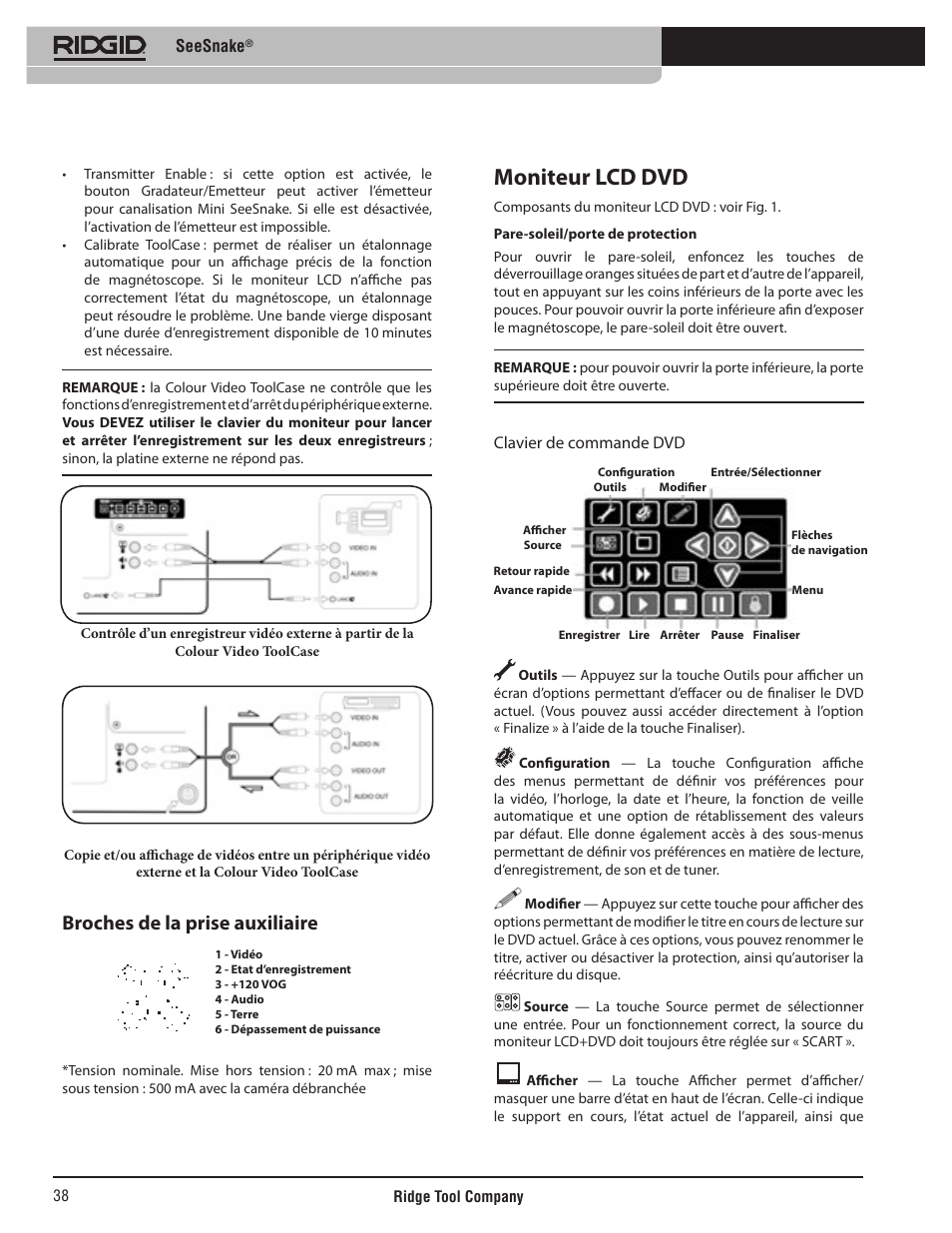 Moniteur lcd dvd, Broches de la prise auxiliaire | RIDGID SeeSnake User Manual | Page 39 / 302