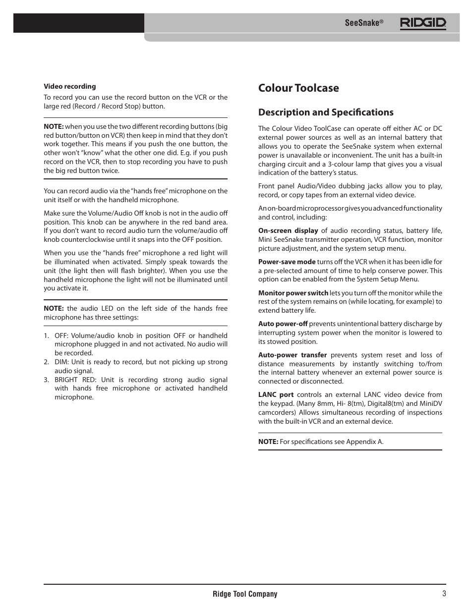 Colour toolcase, Description and specifications | RIDGID SeeSnake User Manual | Page 4 / 302