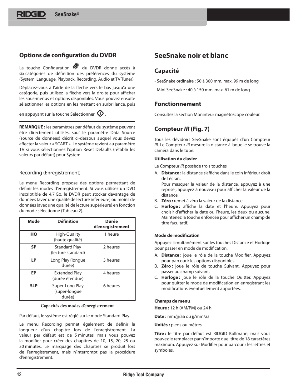Seesnake noir et blanc, Options de configuration du dvdr, Capacité | Fonctionnement, Compteur ir (fig. 7) | RIDGID SeeSnake User Manual | Page 43 / 302