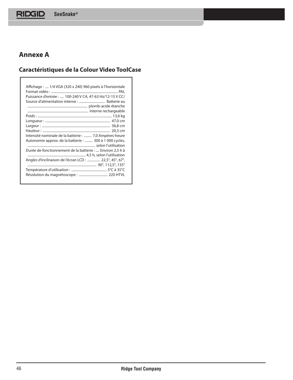 Annexe a, Caractéristiques de la colour video toolcase, Seesnake | RIDGID SeeSnake User Manual | Page 47 / 302