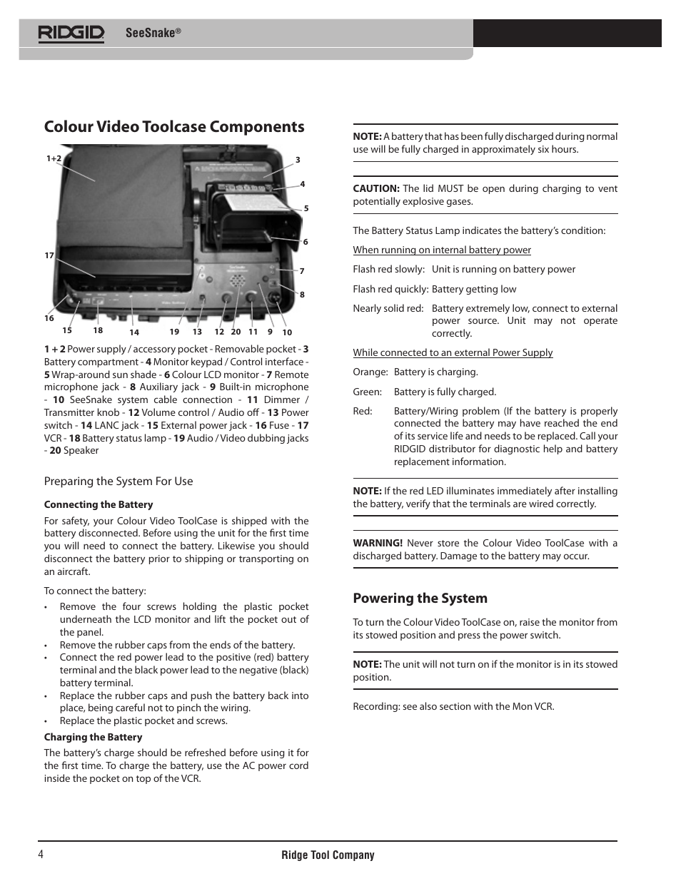 Colour video toolcase components, Powering the system | RIDGID SeeSnake User Manual | Page 5 / 302