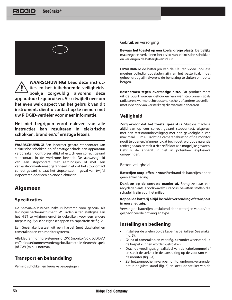 Seesnake, Gebruiksaanwijzing, Algemeen | Specificaties, Transport en behandeling, Veiligheid, Instelling en bediening | RIDGID SeeSnake User Manual | Page 51 / 302