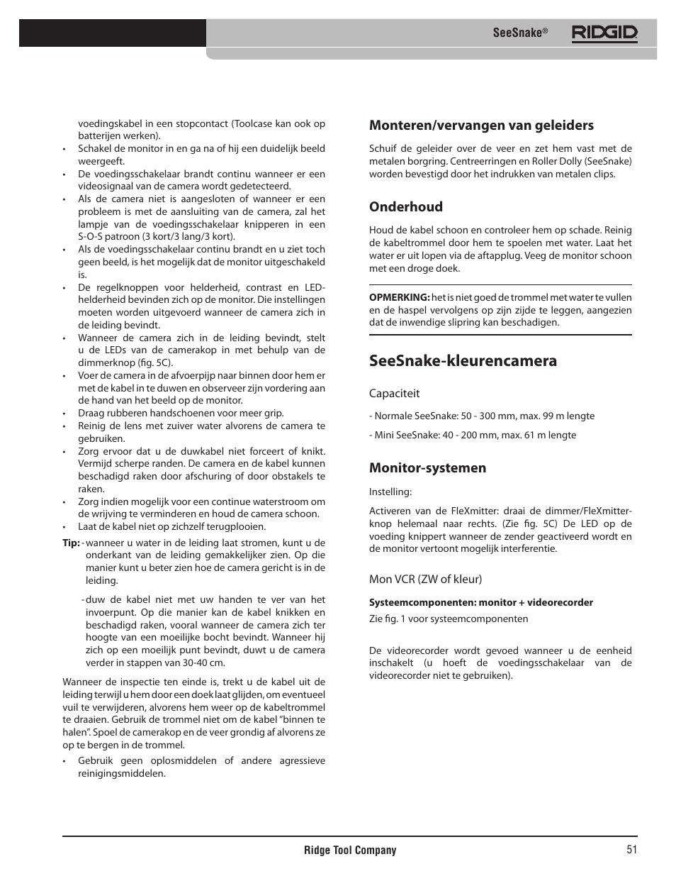 Seesnake-kleurencamera, Monteren/vervangen van geleiders, Onderhoud | Monitor-systemen | RIDGID SeeSnake User Manual | Page 52 / 302