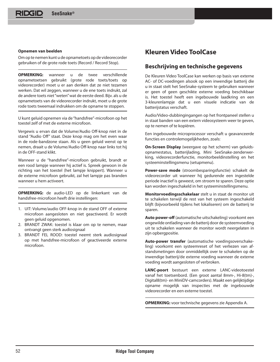 Kleuren video toolcase, Beschrijving en technische gegevens | RIDGID SeeSnake User Manual | Page 53 / 302