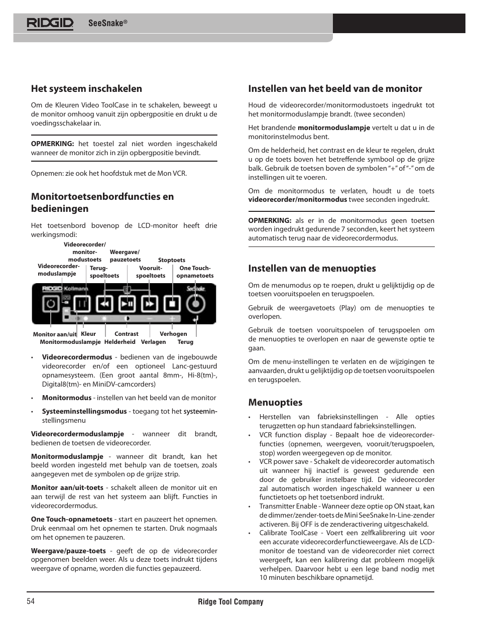 Het systeem inschakelen, Monitortoetsenbordfuncties en bedieningen, Instellen van het beeld van de monitor | Instellen van de menuopties, Menuopties | RIDGID SeeSnake User Manual | Page 55 / 302