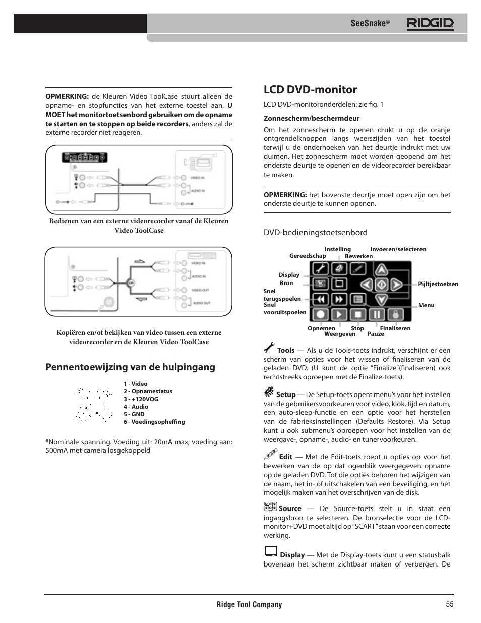 Lcd dvd-monitor, Pennentoewijzing van de hulpingang, Seesnake | Dvd-bedieningstoetsenbord | RIDGID SeeSnake User Manual | Page 56 / 302