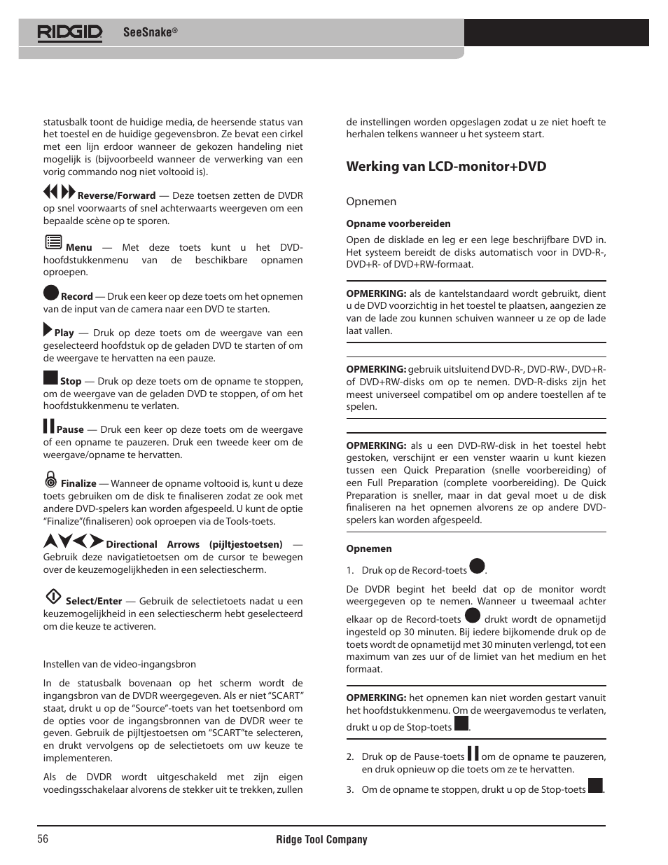 Werking van lcd-monitor+dvd | RIDGID SeeSnake User Manual | Page 57 / 302