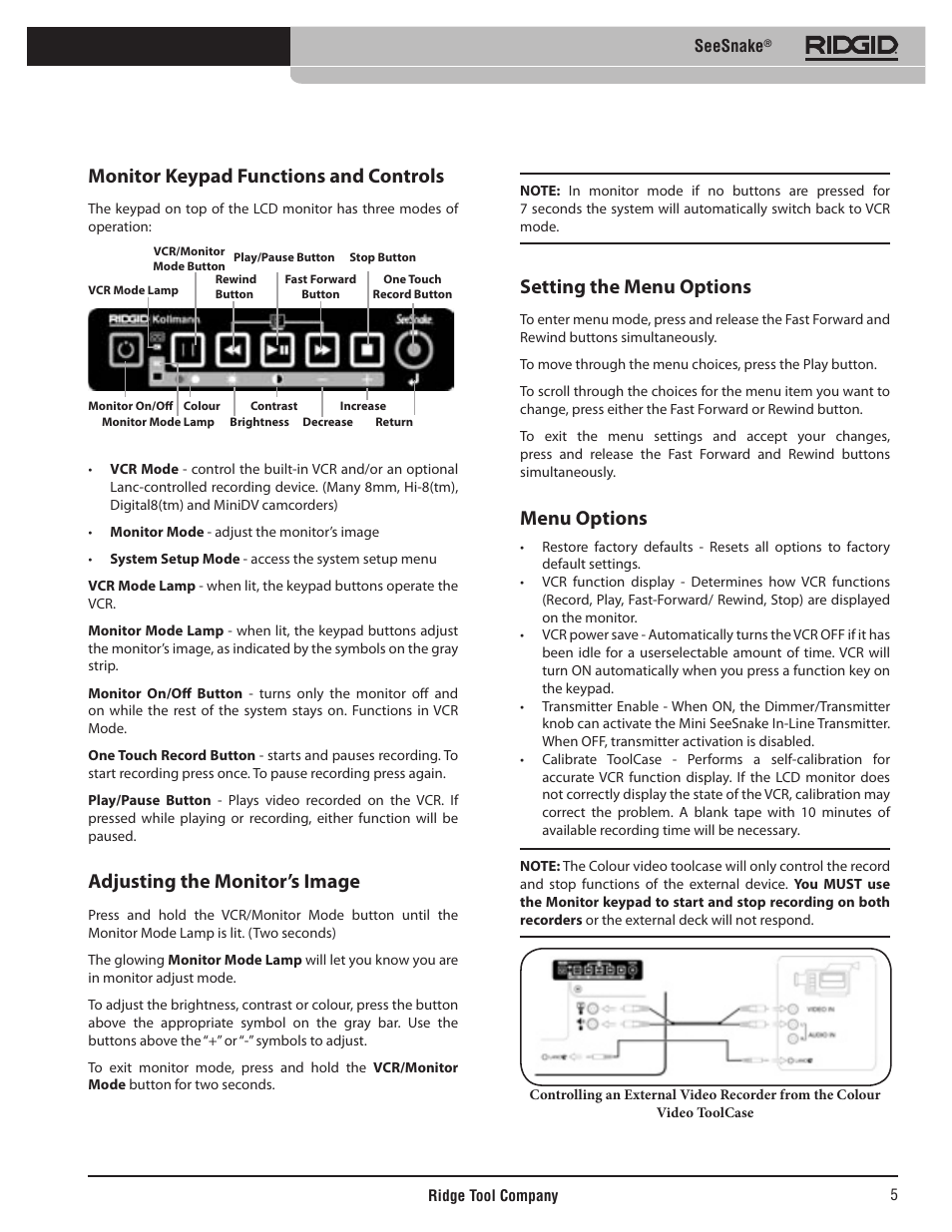 Monitor keypad functions and controls, Adjusting the monitor’s image, Setting the menu options | Menu options | RIDGID SeeSnake User Manual | Page 6 / 302