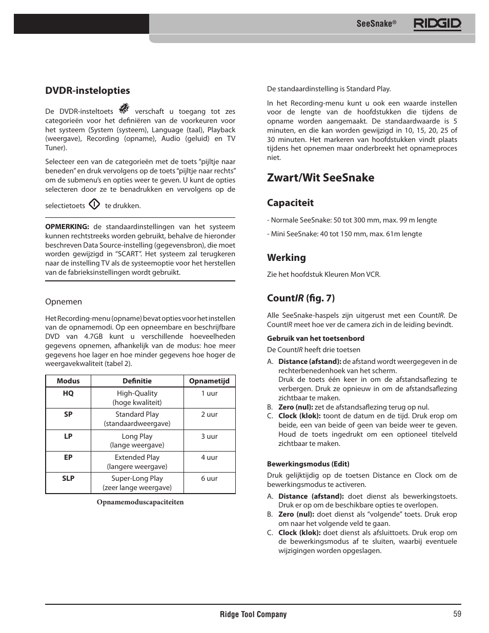 Zwart/wit seesnake, Dvdr-instelopties, Capaciteit | Werking, Count ir (fig. 7) | RIDGID SeeSnake User Manual | Page 60 / 302