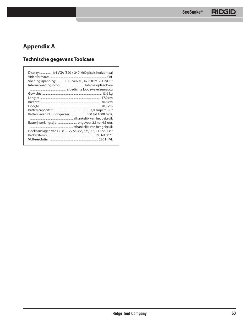 Appendix a, Technische gegevens toolcase, Seesnake | RIDGID SeeSnake User Manual | Page 64 / 302