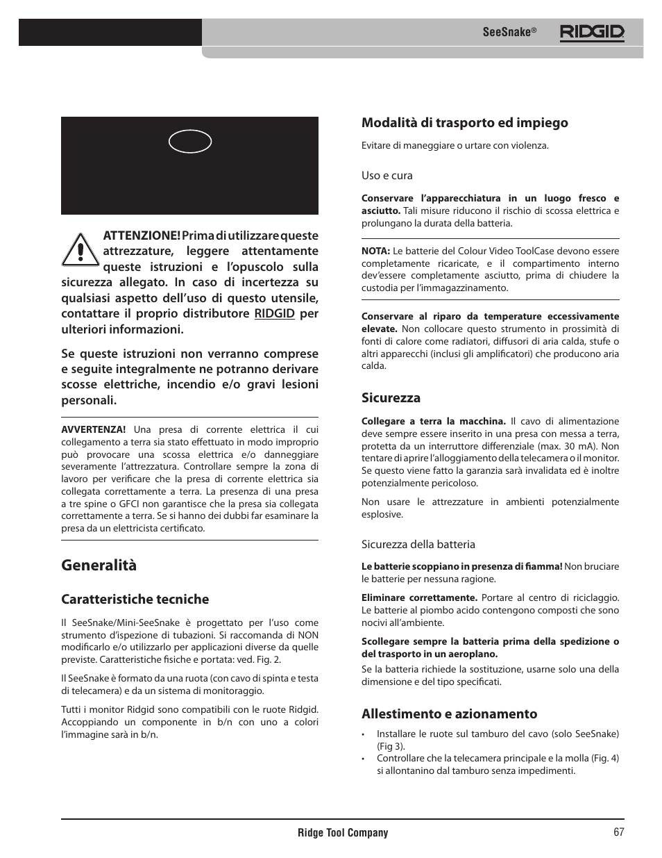 Seesnake, Istruzioni d’uso, Generalità | Caratteristiche tecniche, Modalità di trasporto ed impiego, Sicurezza, Allestimento e azionamento | RIDGID SeeSnake User Manual | Page 68 / 302