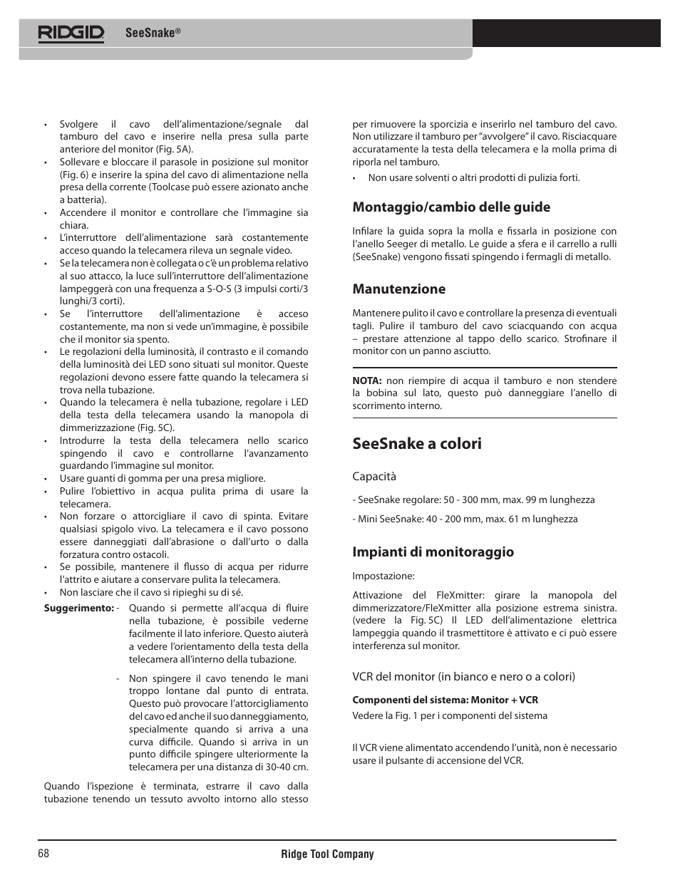 Seesnake a colori, Montaggio/cambio delle guide, Manutenzione | Impianti di monitoraggio | RIDGID SeeSnake User Manual | Page 69 / 302