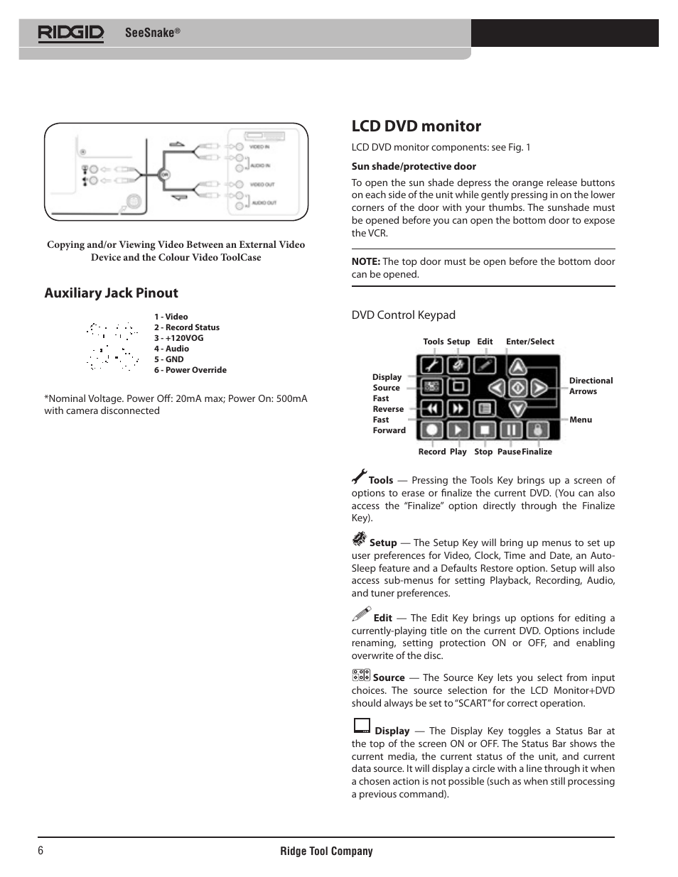 Lcd dvd monitor, Auxiliary jack pinout, Seesnake | Dvd control keypad | RIDGID SeeSnake User Manual | Page 7 / 302