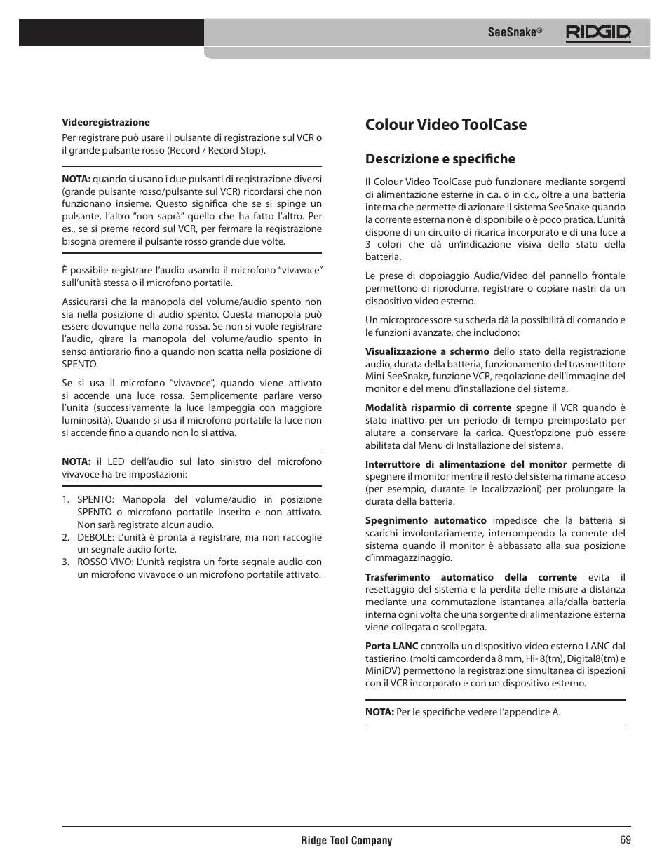 Colour video toolcase, Descrizione e specifiche | RIDGID SeeSnake User Manual | Page 70 / 302