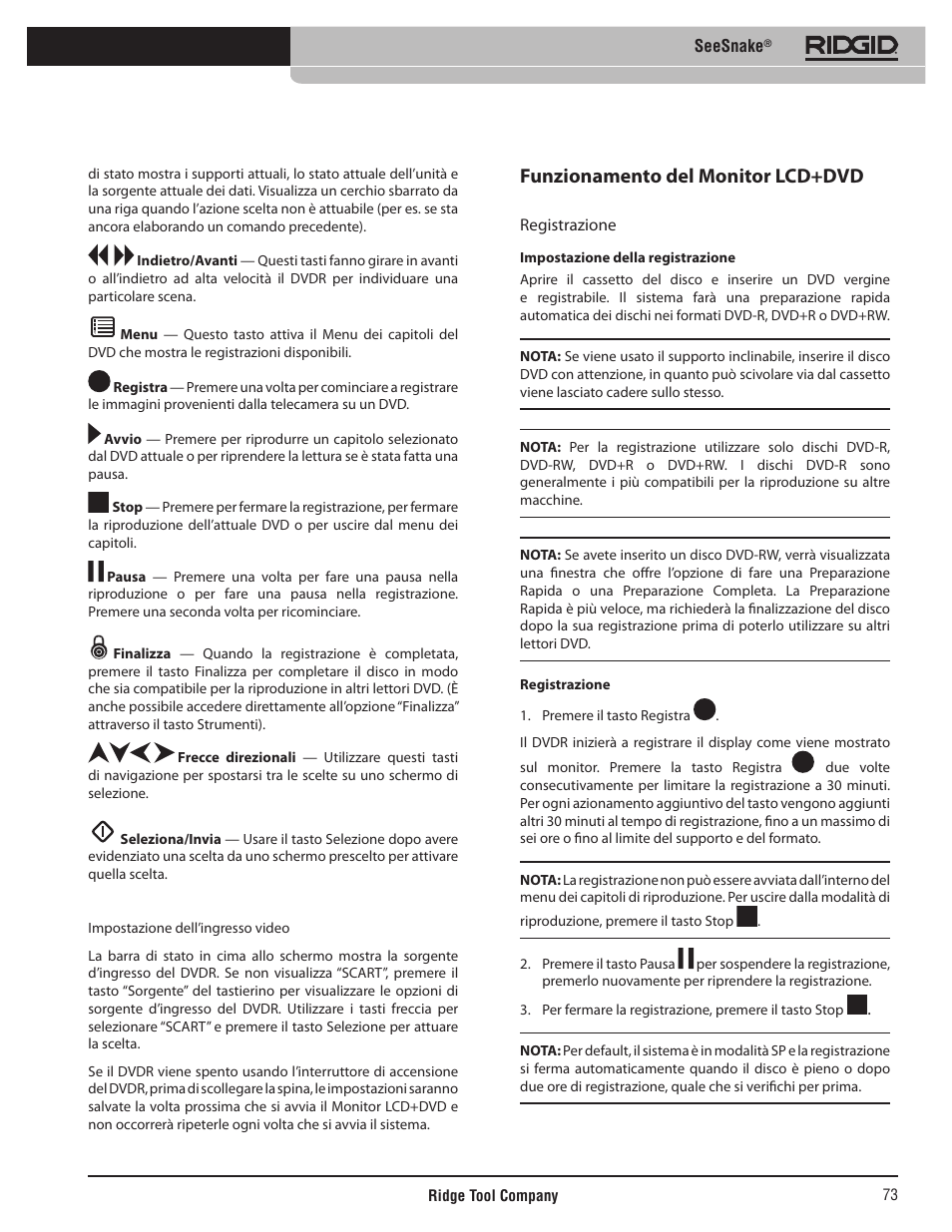 Funzionamento del monitor lcd+dvd | RIDGID SeeSnake User Manual | Page 74 / 302