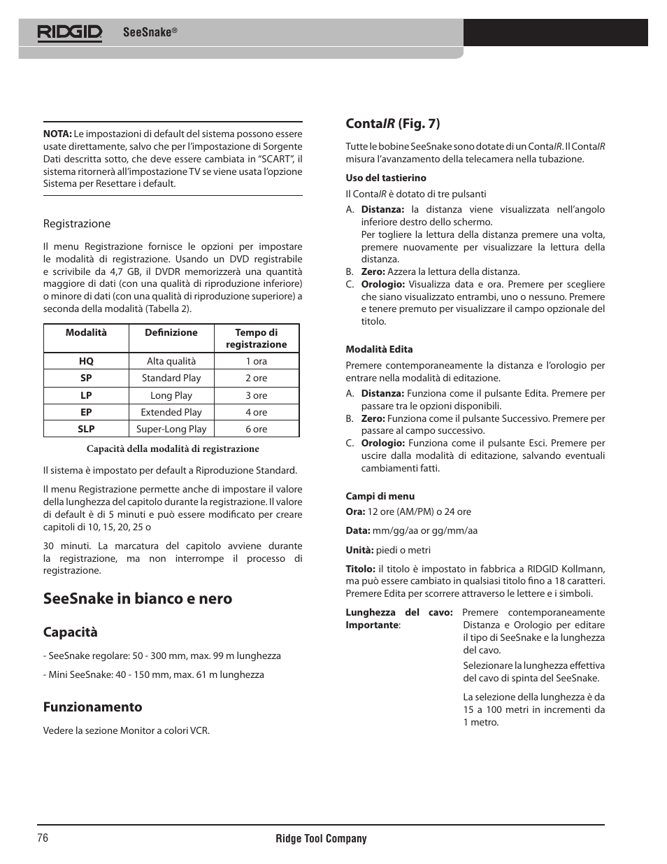 Seesnake in bianco e nero, Capacità, Funzionamento | Conta ir (fig. 7) | RIDGID SeeSnake User Manual | Page 77 / 302