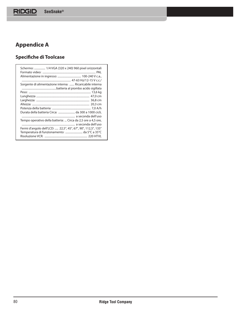 Appendice a, Specifiche di toolcase, Seesnake | RIDGID SeeSnake User Manual | Page 81 / 302