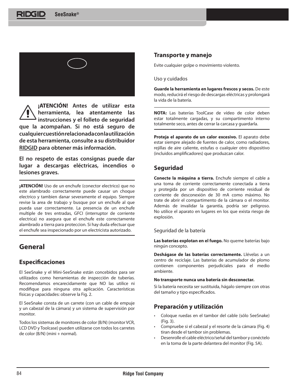 Seesnake, Instrucciones de uso, General | Especificaciones, Transporte y manejo, Seguridad, Preparación y utilización | RIDGID SeeSnake User Manual | Page 85 / 302