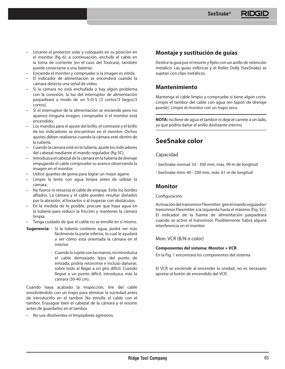 Seesnake color, Montaje y sustitución de guías, Mantenimiento | Monitor | RIDGID SeeSnake User Manual | Page 86 / 302