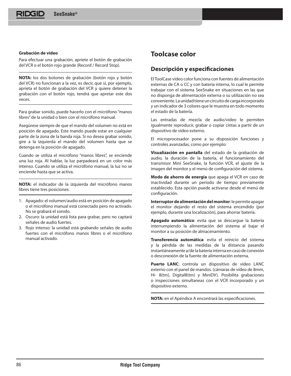 Toolcase color, Descripción y especificaciones | RIDGID SeeSnake User Manual | Page 87 / 302